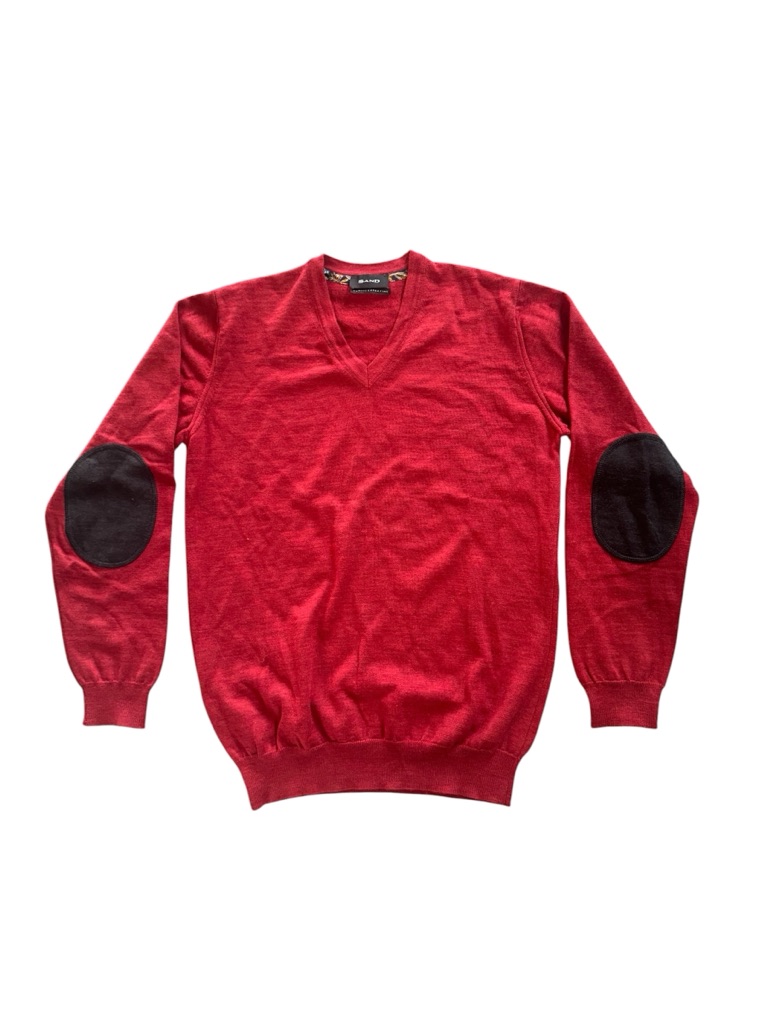 Sand Copenhagen Men’s Red 100% Merino Wool V-Neck Sweater Elbow Patches Medium